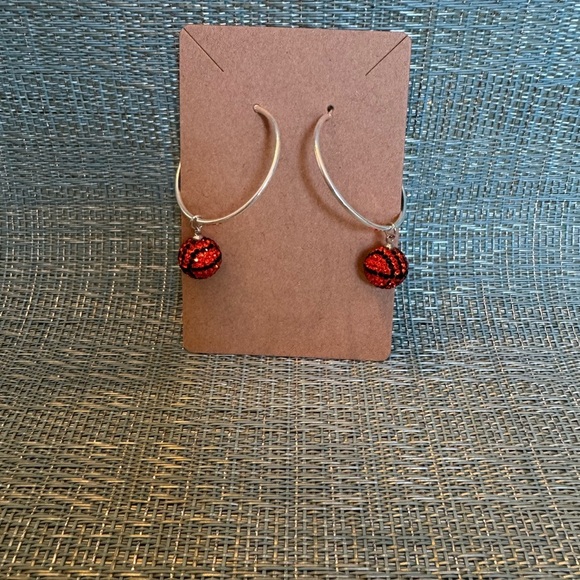 Rhinestone Basketball Silver Hoop Earrings New - Picture 2 of 4